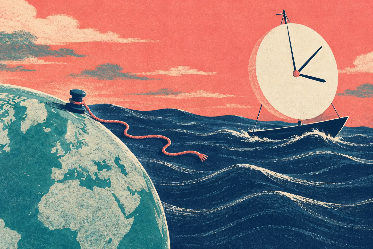 A clock-faced sailboat rides dark ocean waves beneath a coral sky, beside a large globe with a loose rope tied to a bollard.