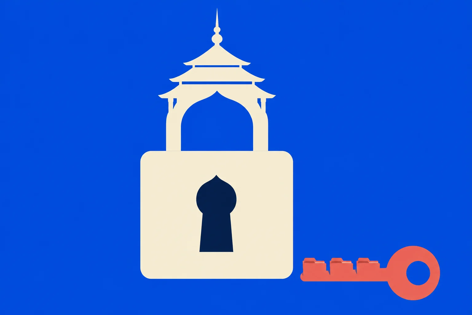 A cream padlock with a pagoda-shaped shackle and dark keyhole stands beside a coral key on a bright blue background.