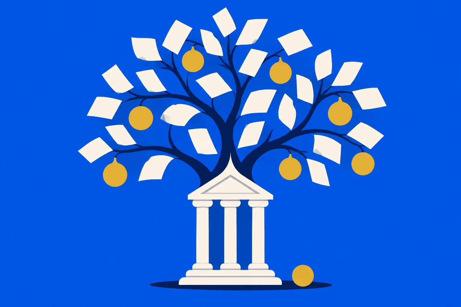 A cream classical building supports a dark branching tree with paper leaves and golden fruit against a bright blue background.
