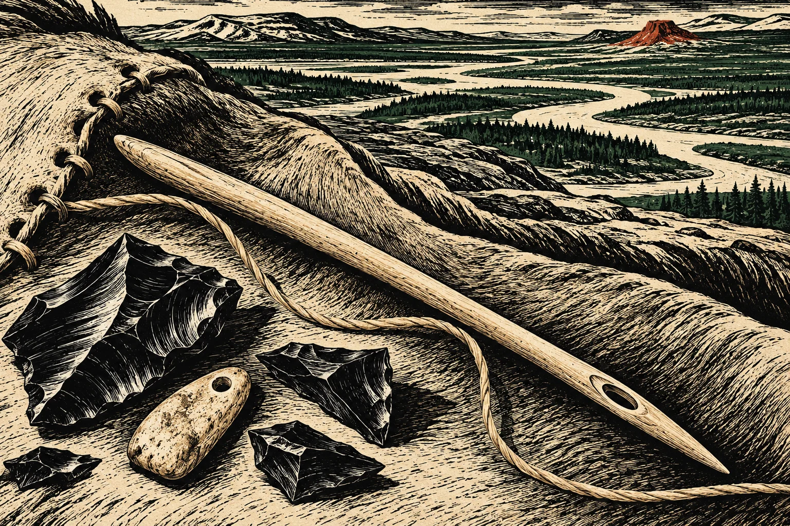 A woodcut-style scene shows a bone needle, cord, stone tools, and stitched hide overlooking winding rivers, forests, mountains, and a distant red mesa.