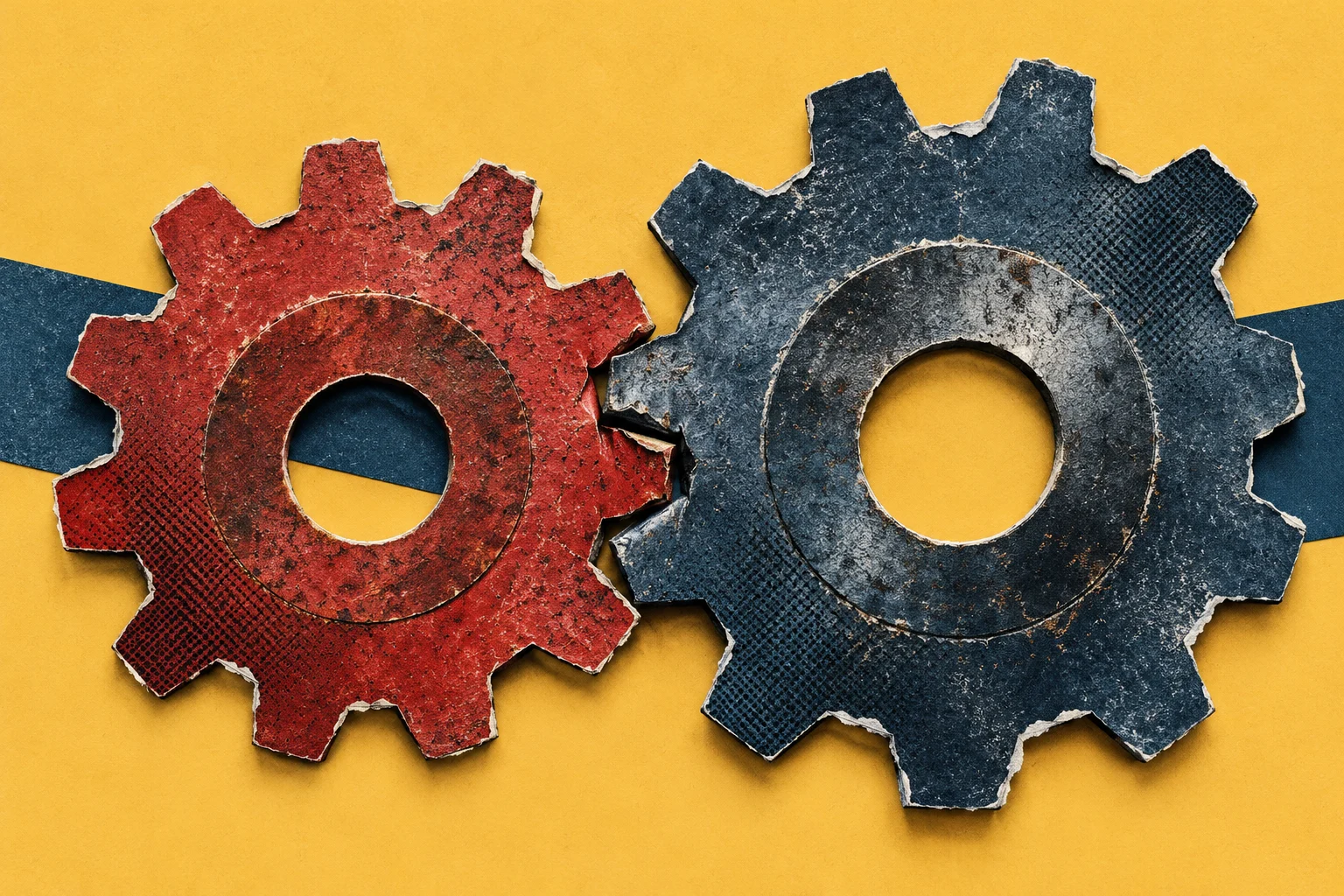 Two weathered, interlocking gears, one red and one dark blue, rest on a yellow background crossed by a dark blue stripe.