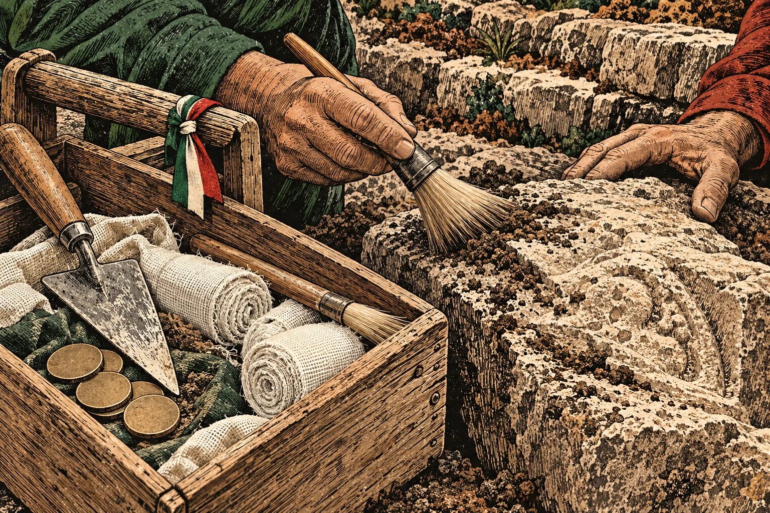Hands brush soil from ancient stone ruins beside a wooden crate containing a trowel, brushes, rolled cloth, coins, and an Italian tricolor ribbon.
