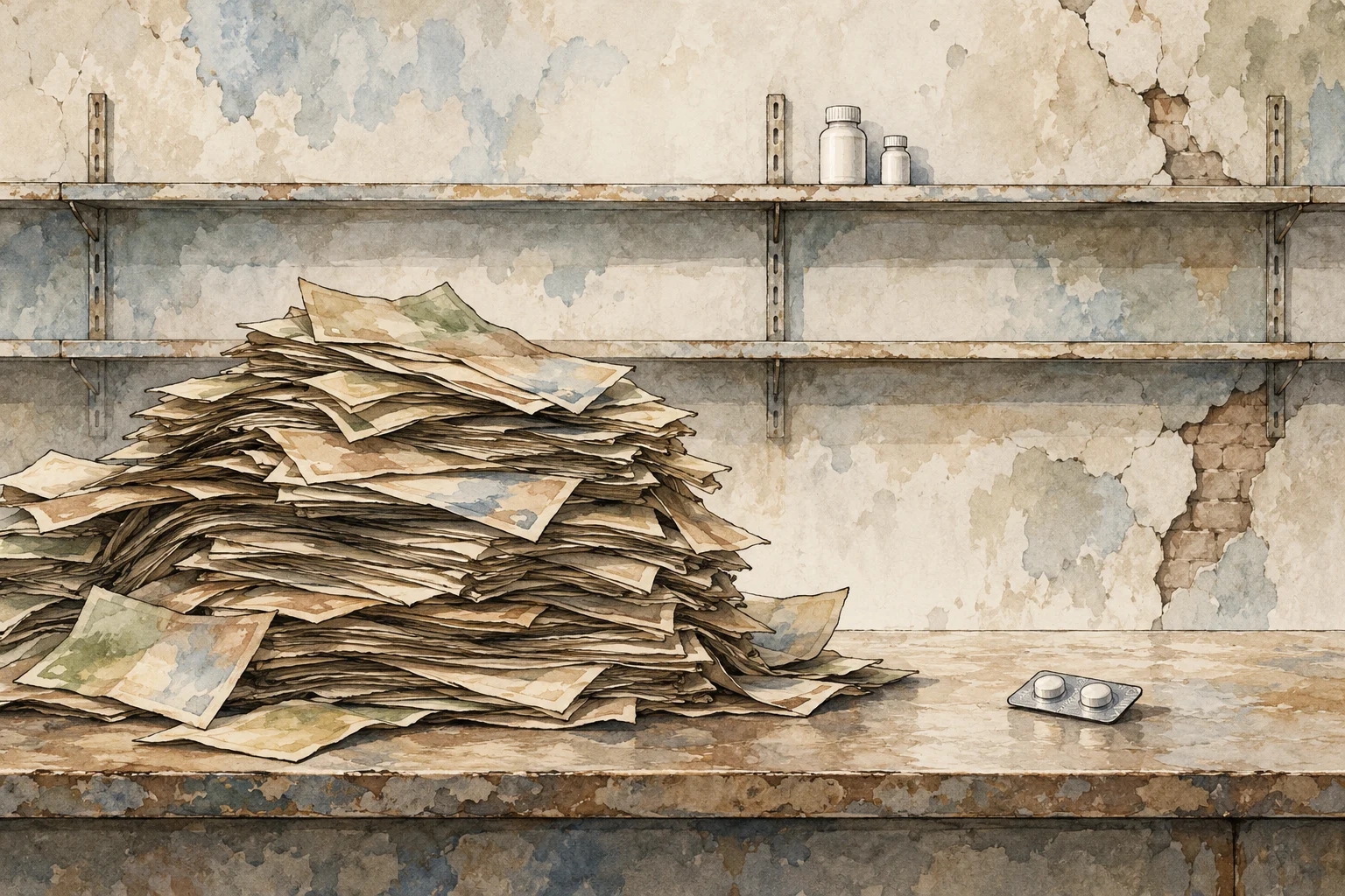 A heap of weathered papers rests on a stained counter beneath rusty shelves holding two bottles, with a blister pack nearby and peeling plaster walls behind.