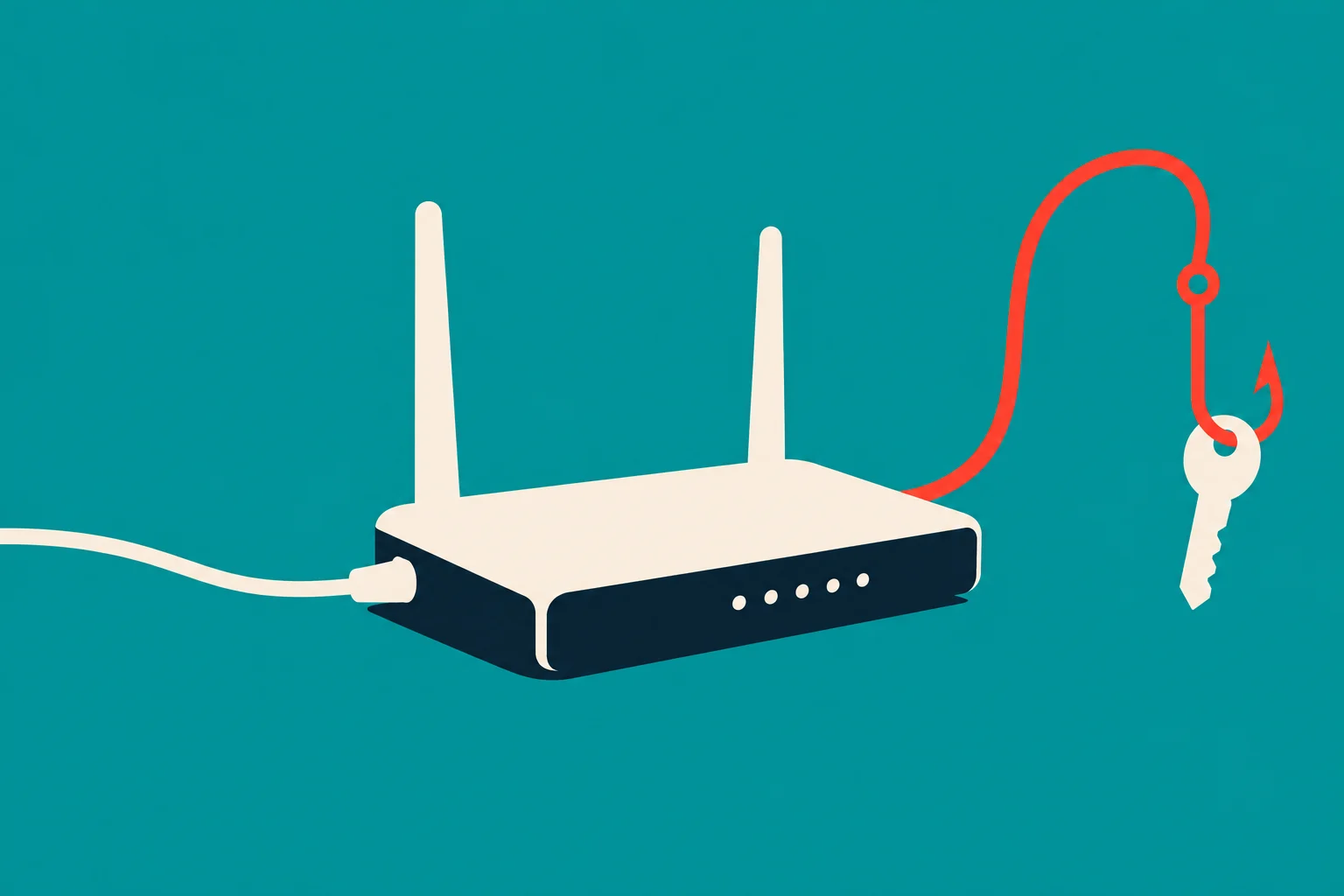 A wireless router with two antennas sits on a teal background, with a red fishing hook holding a key beside it.