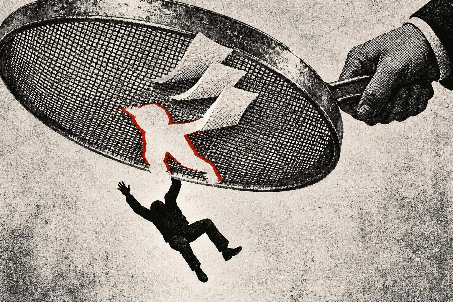 A large hand holds a mesh sieve as a silhouetted person falls through a person-shaped tear edged in red.