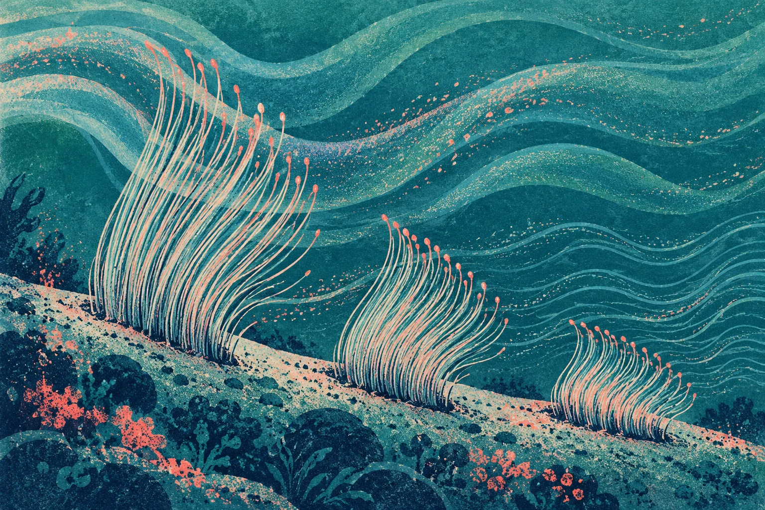 Three clusters of flowing coral-tipped sea plants rise from a sloping, rocky seabed beneath textured teal waves.