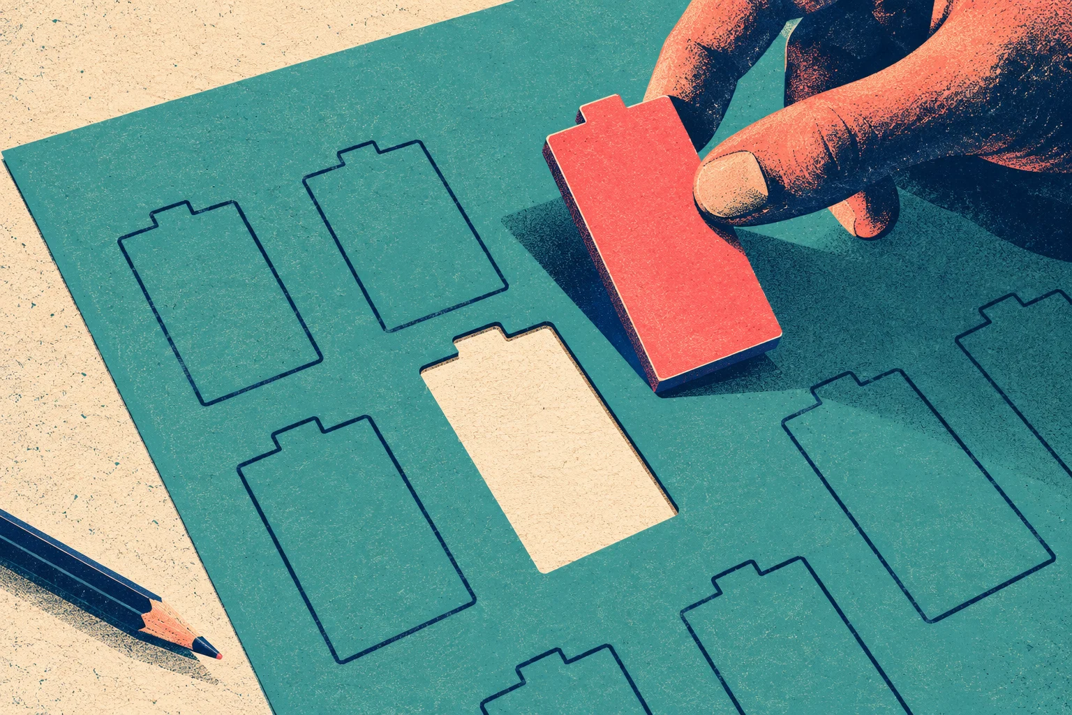 A hand holds a coral battery-shaped piece above a teal template with battery outlines and an empty cutout, beside a pencil.
