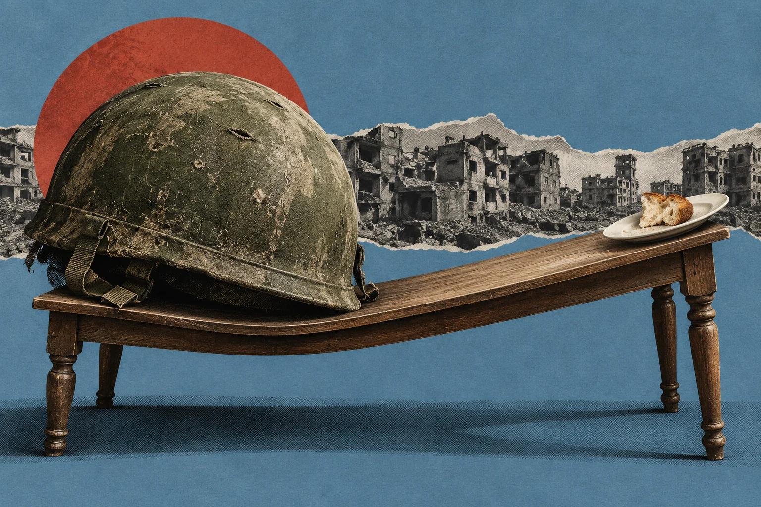 A large military helmet weighs down a warped wooden table opposite bread on a plate, with ruined buildings and a red sun against a blue background.