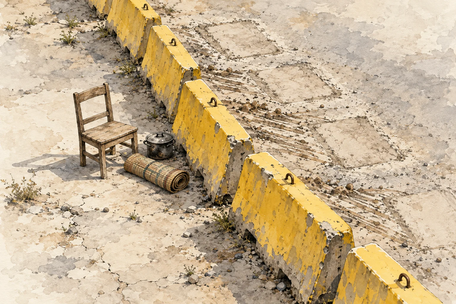 A wooden chair, black cooking pot, and rolled woven mat sit beside weathered yellow concrete barriers on cracked, dusty ground with scattered weeds.