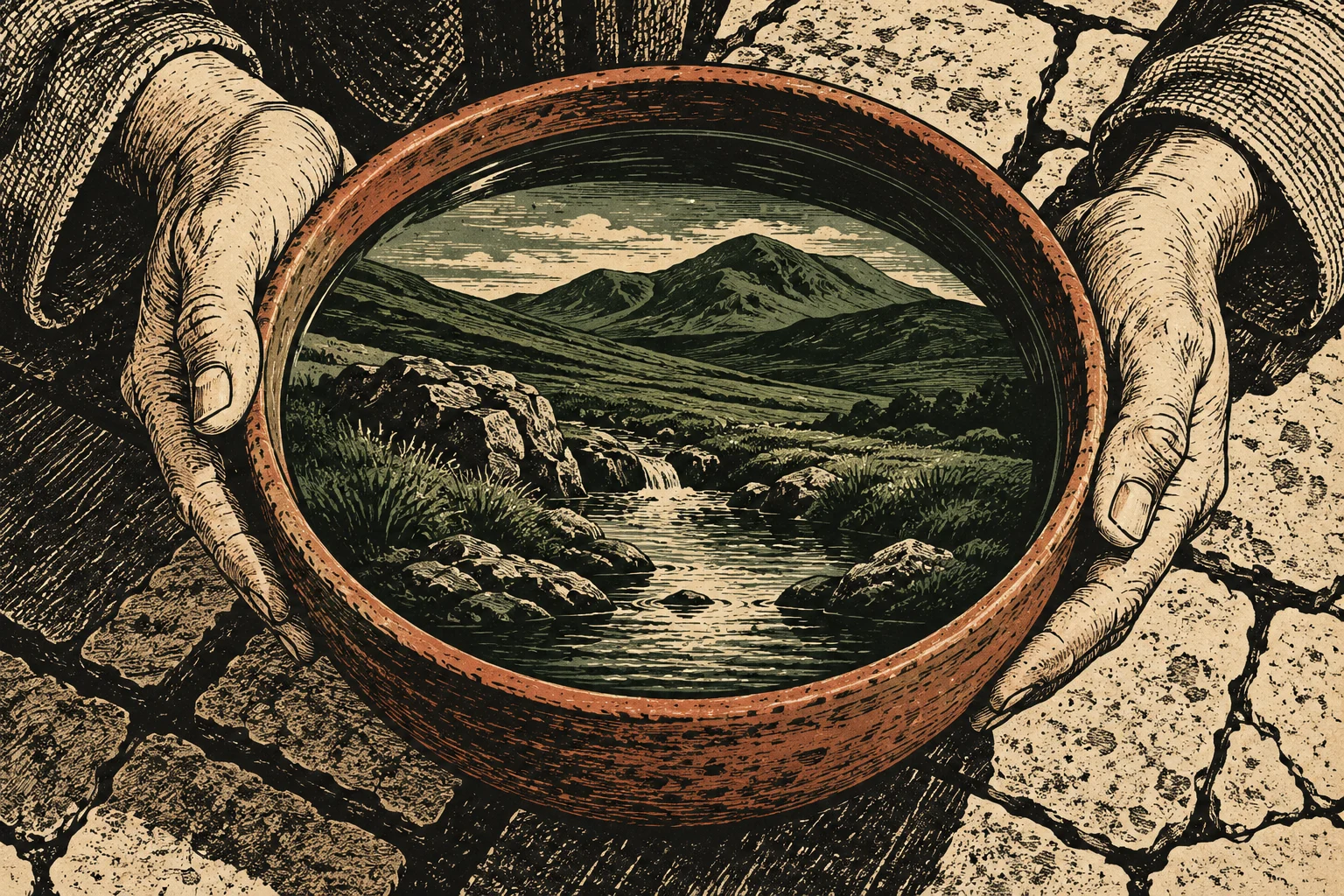 Two hands hold a terracotta bowl containing a miniature mountain landscape with a flowing stream, surrounded by cracked earth in a vintage woodcut style.