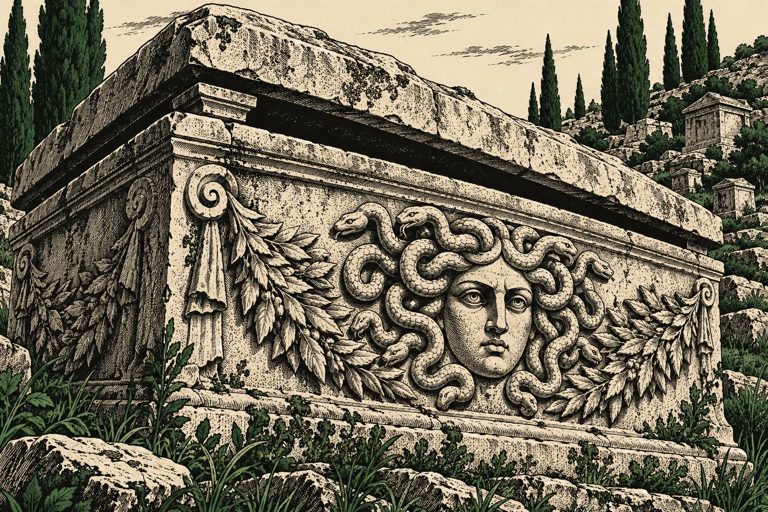 An antique-style illustration shows a weathered stone sarcophagus carved with Medusa’s snake-haired face and leafy garlands, surrounded by grass, rocks, cypress trees, and hillside tombs.