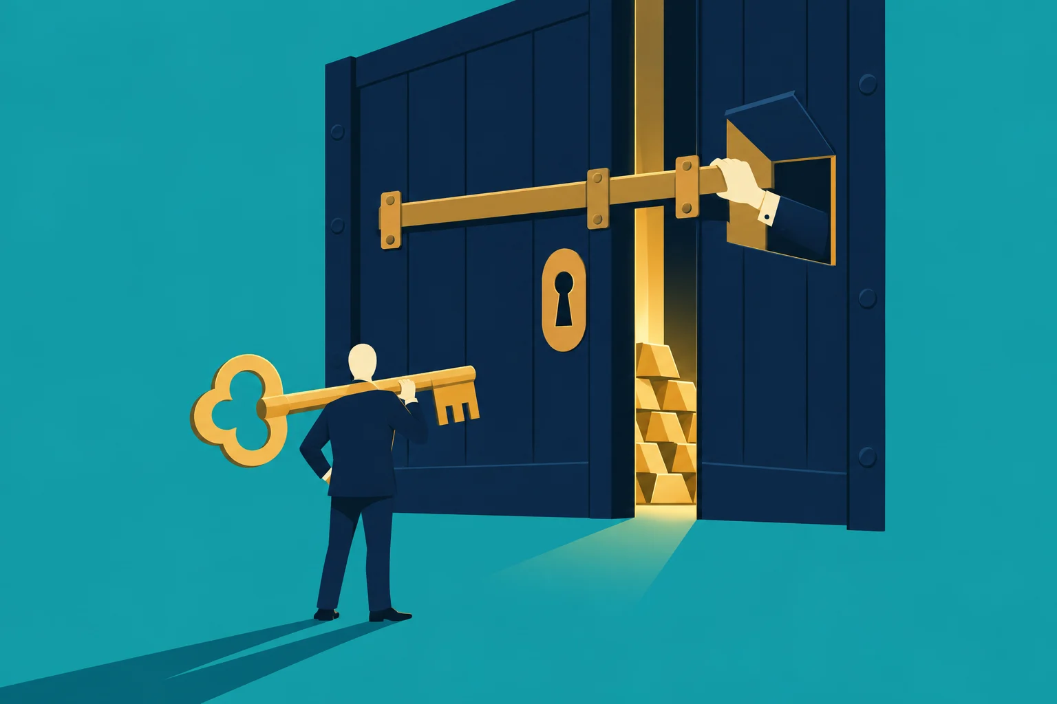 A person carries a giant golden key toward a dark vault door, while a hand slides its bolt and gold bars gleam through the opening.