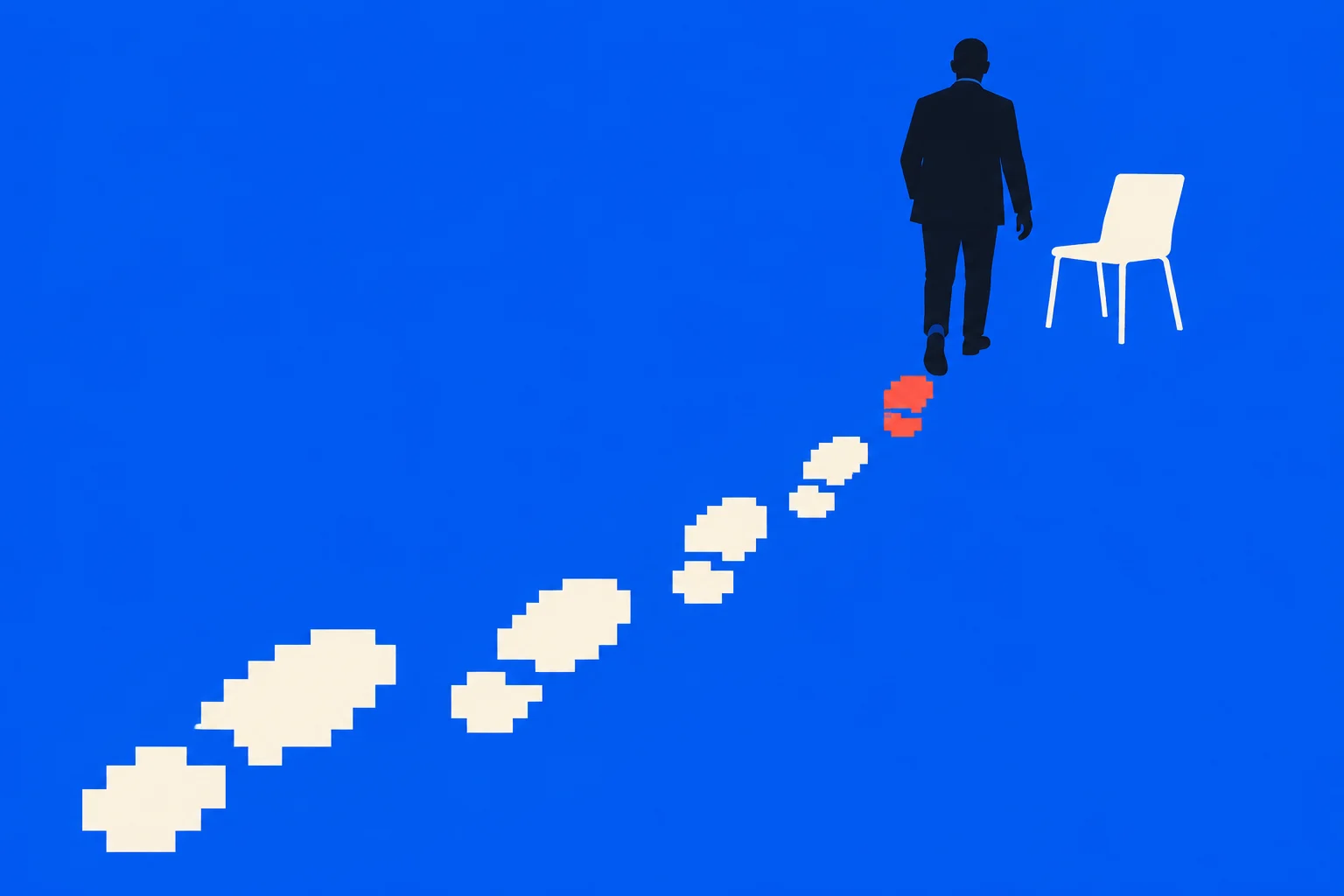 A man in a dark suit walks toward a white chair against a bright blue background, leaving pixelated cream and orange footprints behind him.