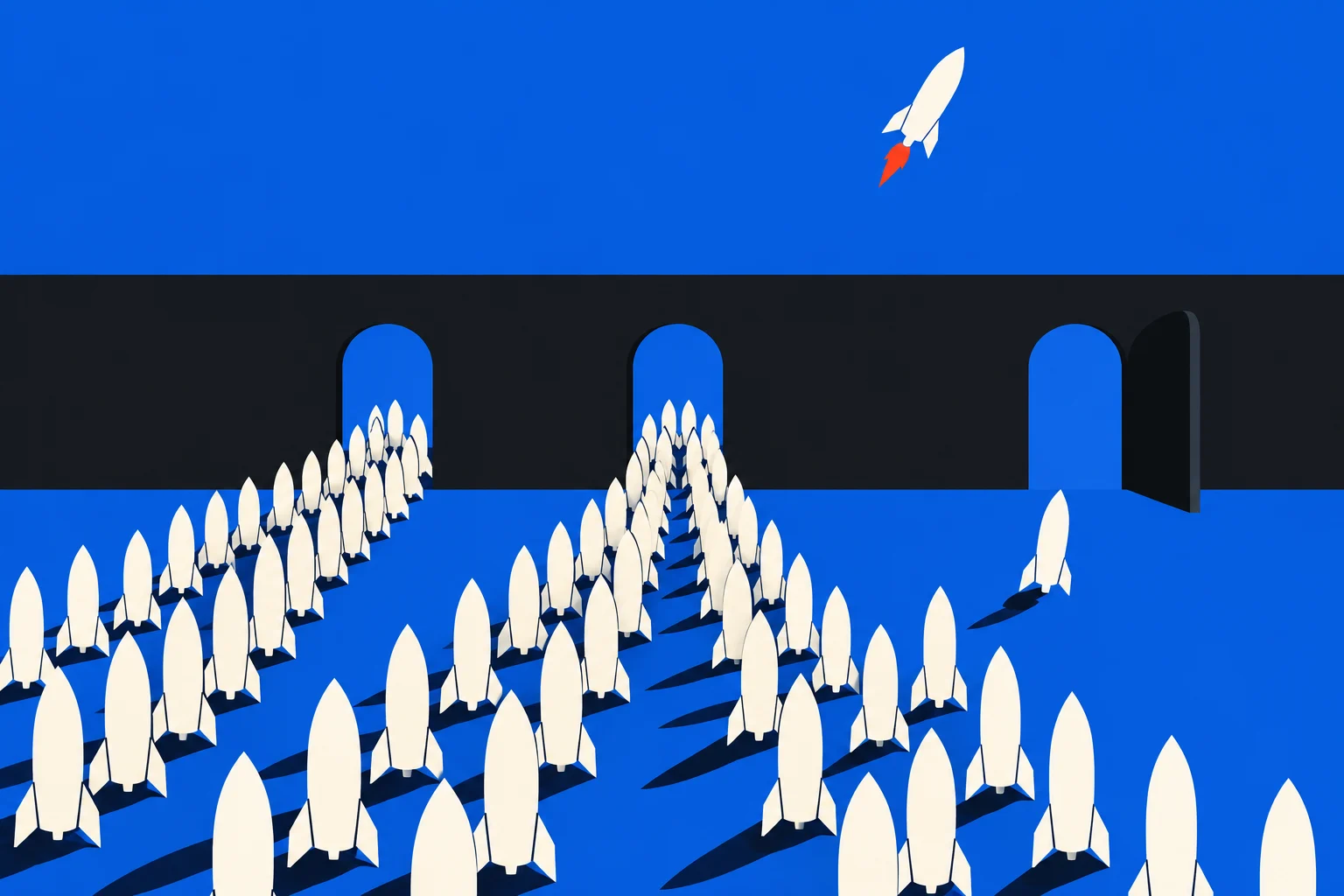 Rows of white rockets stand on a blue floor before three doorways in a dark wall, while one rocket flies overhead with orange flames.