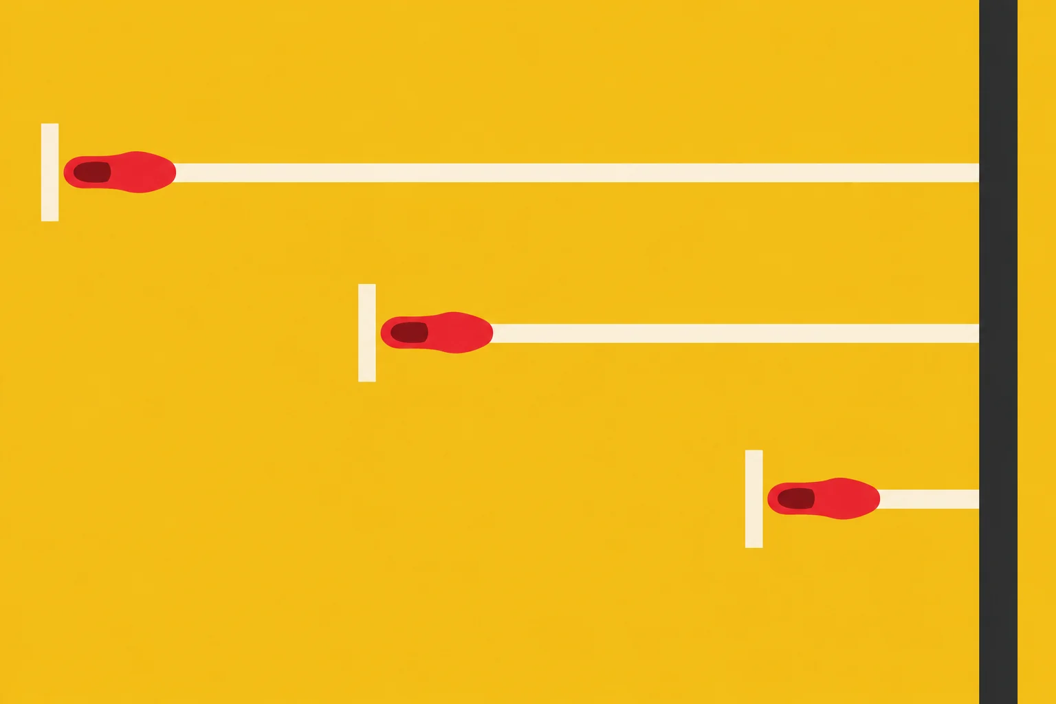 Three red cars sit on horizontal white lanes of different lengths against a yellow background, with white starting markers and a dark vertical finish line.