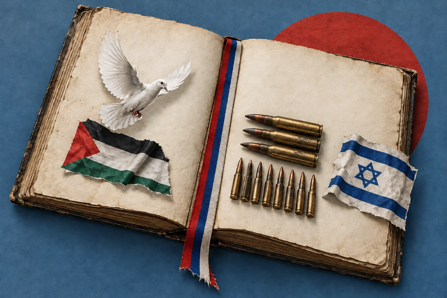 An open antique book displays a white dove, Palestinian and Israeli flags, and bullets, with a tricolor ribbon against a blue background and red circle.
