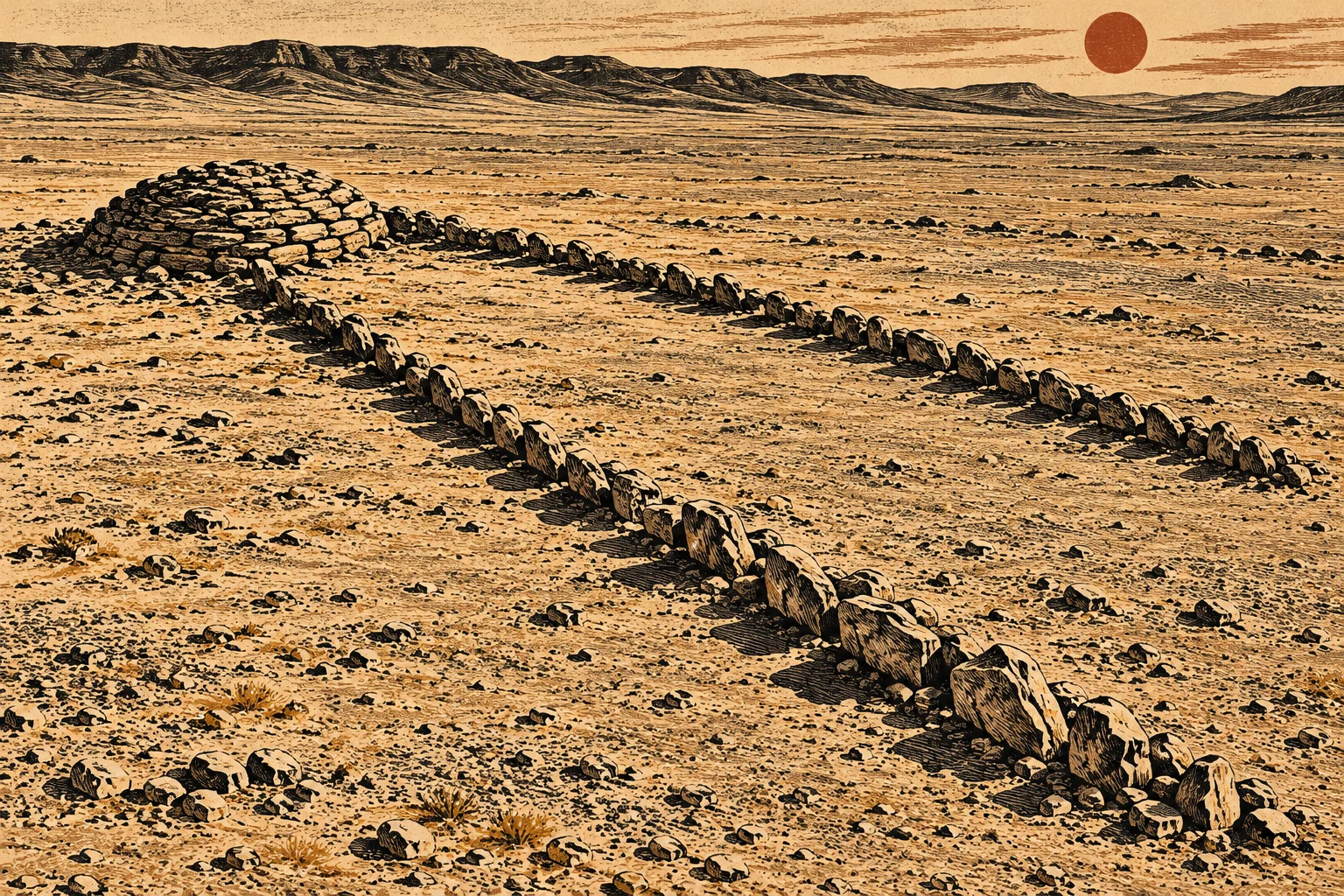 Two long rows of upright stones lead toward a low circular stone mound across a barren desert, with distant mountains and a rust-colored sun.