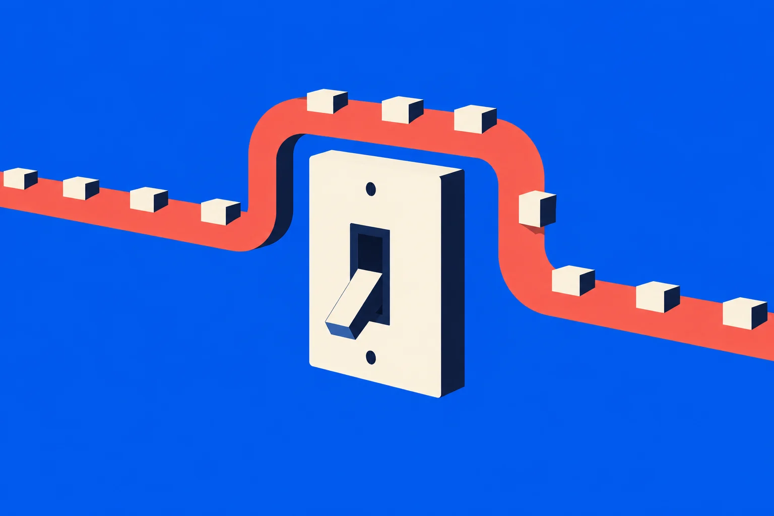 A cream-colored toggle switch sits against a bright blue background, with a curved red conveyor-like ribbon carrying small cream cubes behind it.