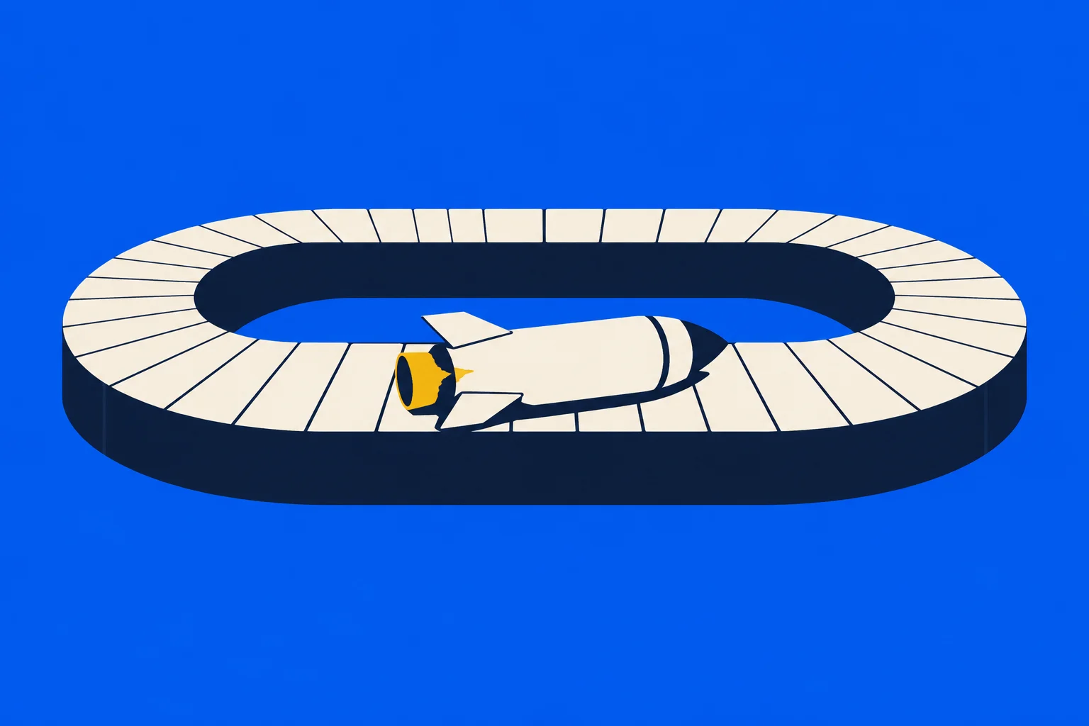 A cream and navy rocket with a yellow exhaust sits on an oval segmented track against a bright blue background.