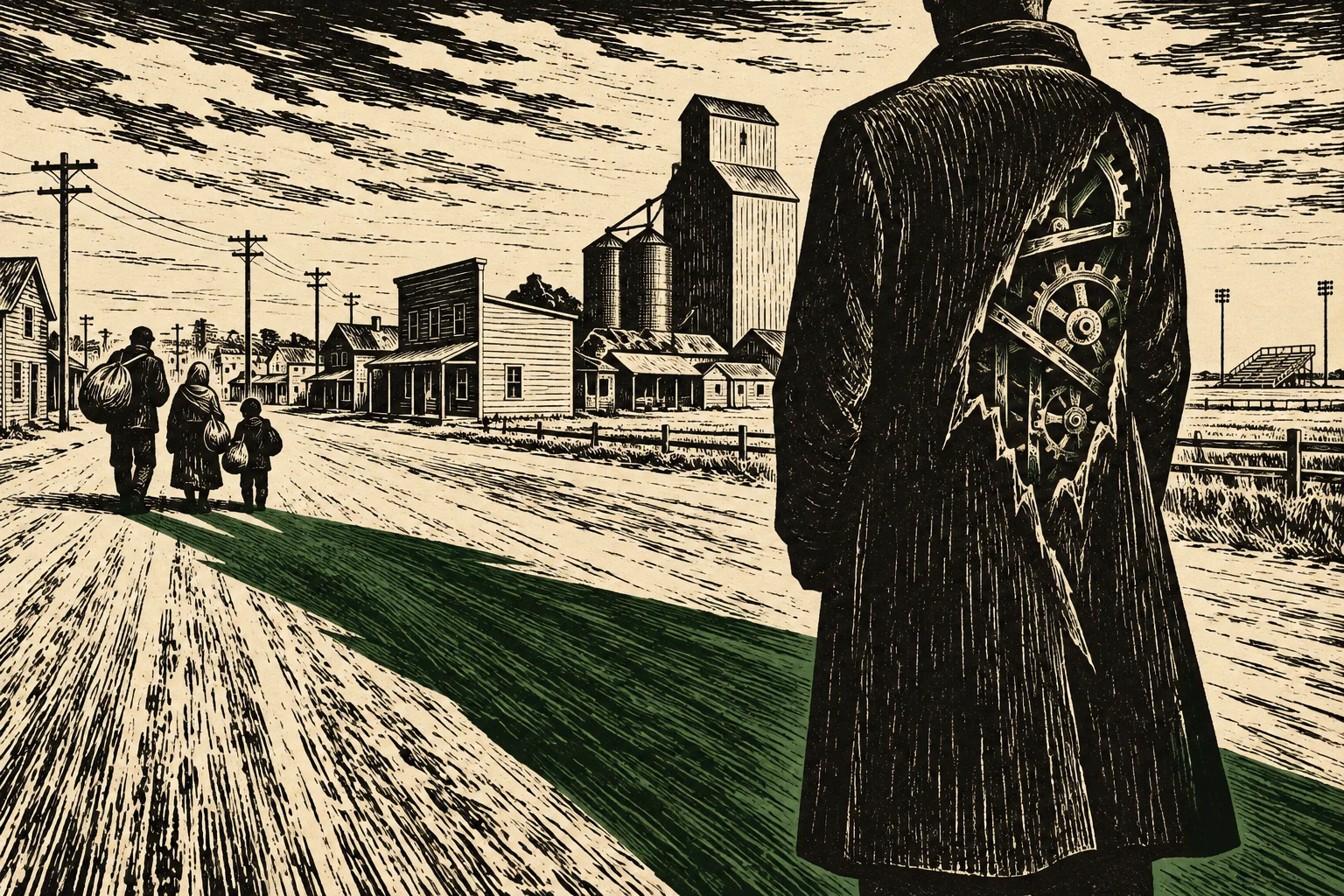 A woodcut-style scene shows a looming man with gears exposed through his coat watching a family walk toward a rural town, casting a long green shadow.