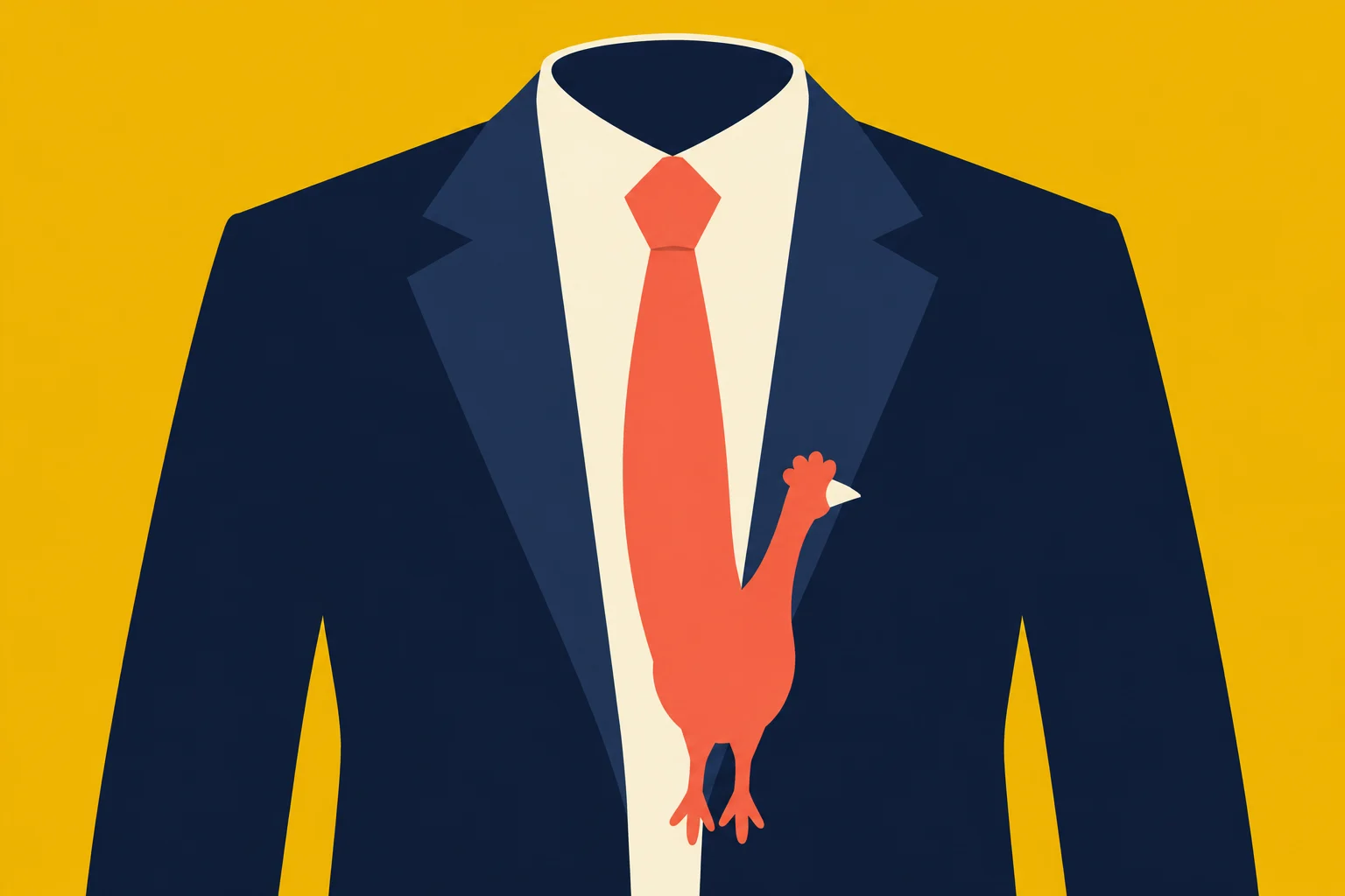 A headless navy suit with a cream shirt features an orange necktie shaped like a chicken against a yellow background.