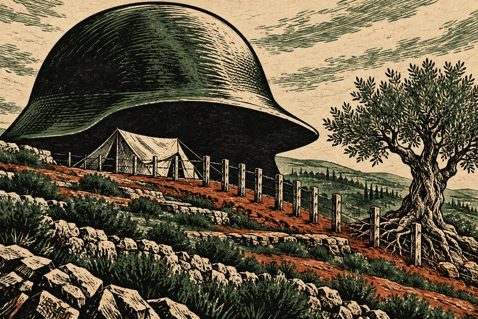A vintage woodcut depicts an enormous military helmet looming over a tent, barbed wire fence, rocky terraced hillside, and olive tree.