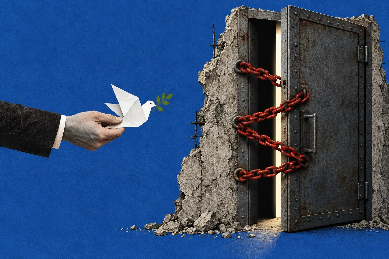 A hand offers a white paper dove holding an olive branch toward a partially open steel door bound with red chains in a crumbling concrete wall.