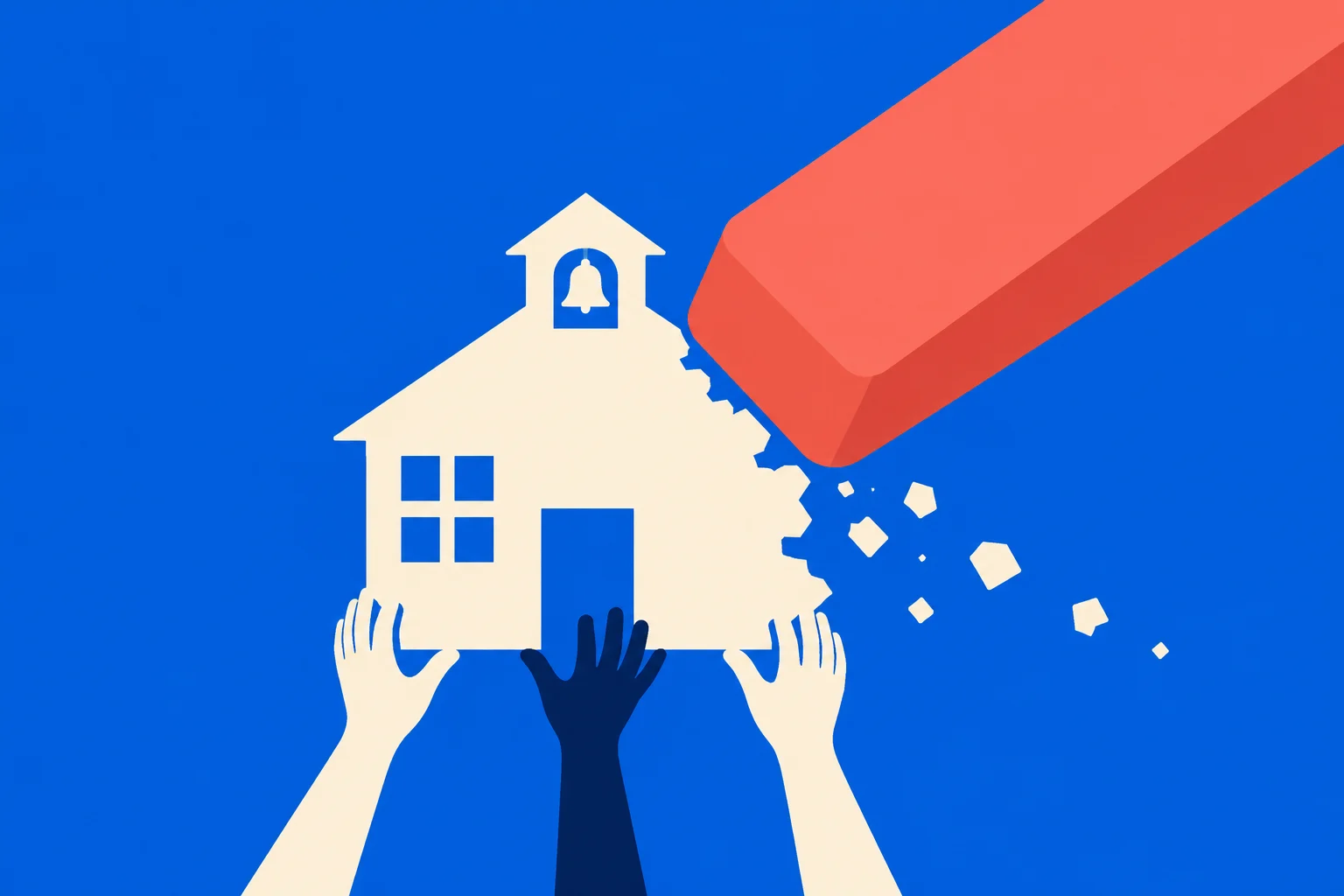 Three raised hands support a cream-colored schoolhouse as a giant red eraser rubs away its right side against a blue background.