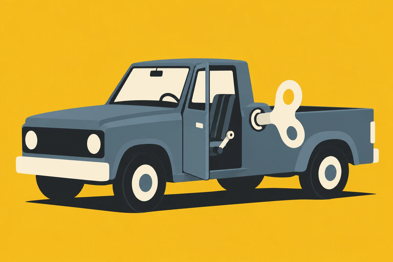A stylized blue toy pickup truck with an open door and a large wind-up key sits against a yellow background.