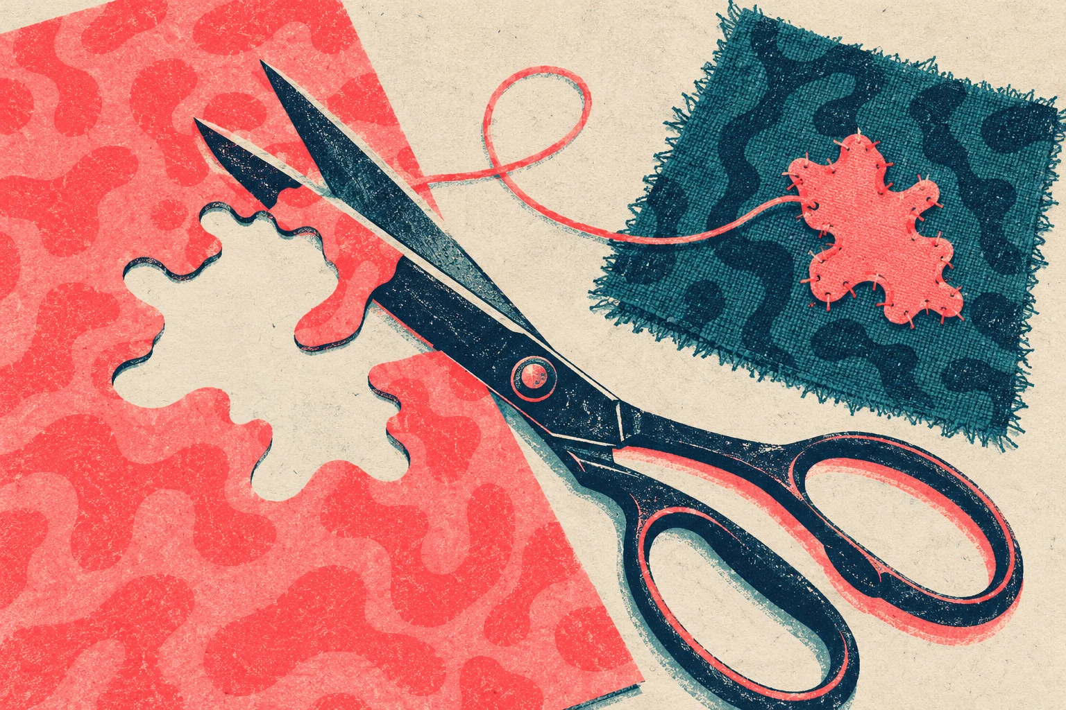 Large scissors cut an irregular shape from coral patterned fabric beside a dark teal swatch with a coral patch and loose thread.