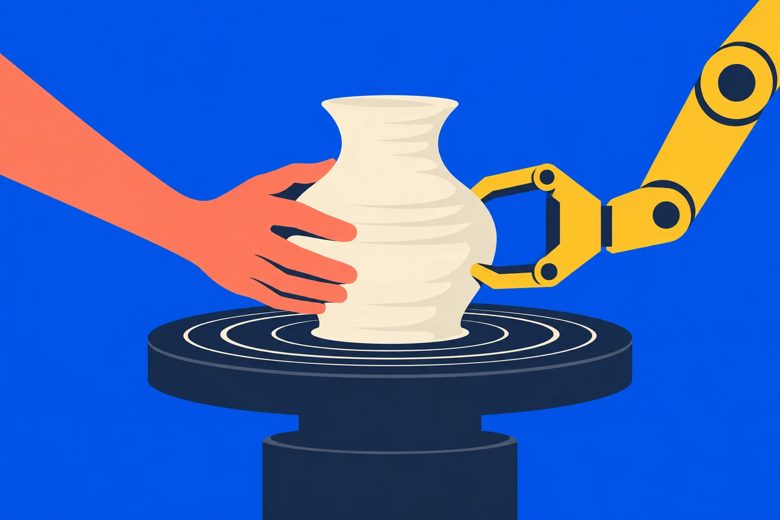 A human hand and a yellow robotic gripper shape a cream-colored vase on a dark pottery wheel against a blue background.
