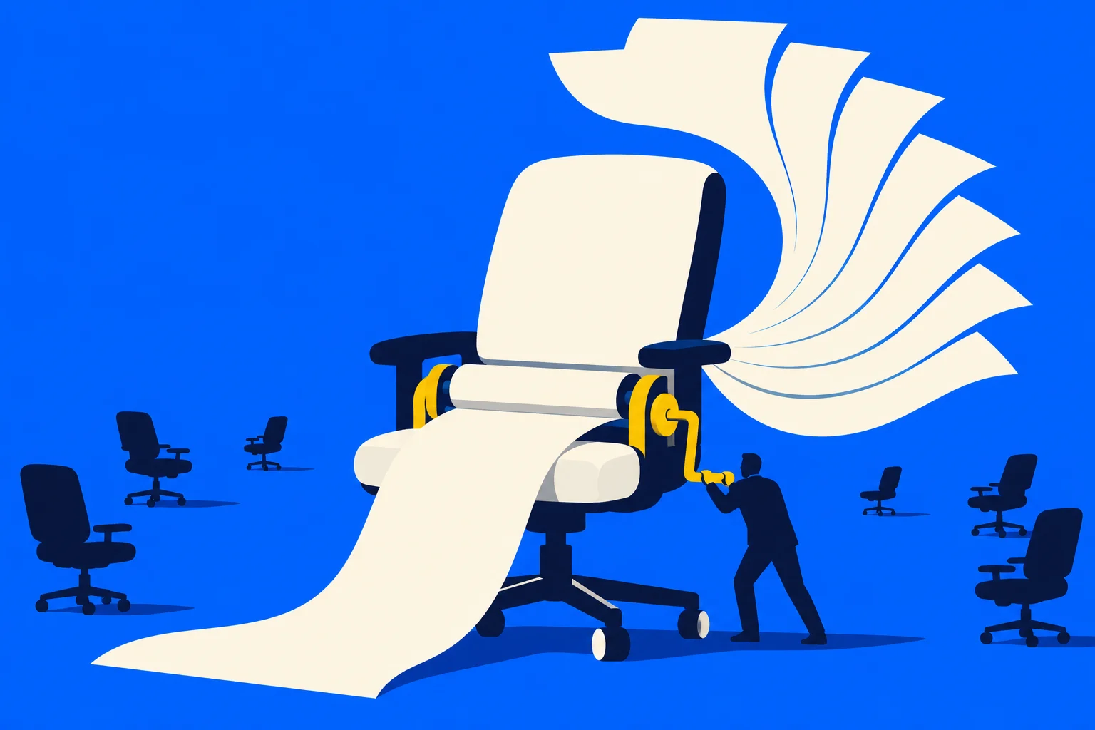 A person turns a yellow crank on a giant office chair that feeds out long sheets of paper, surrounded by smaller chairs against a blue background.