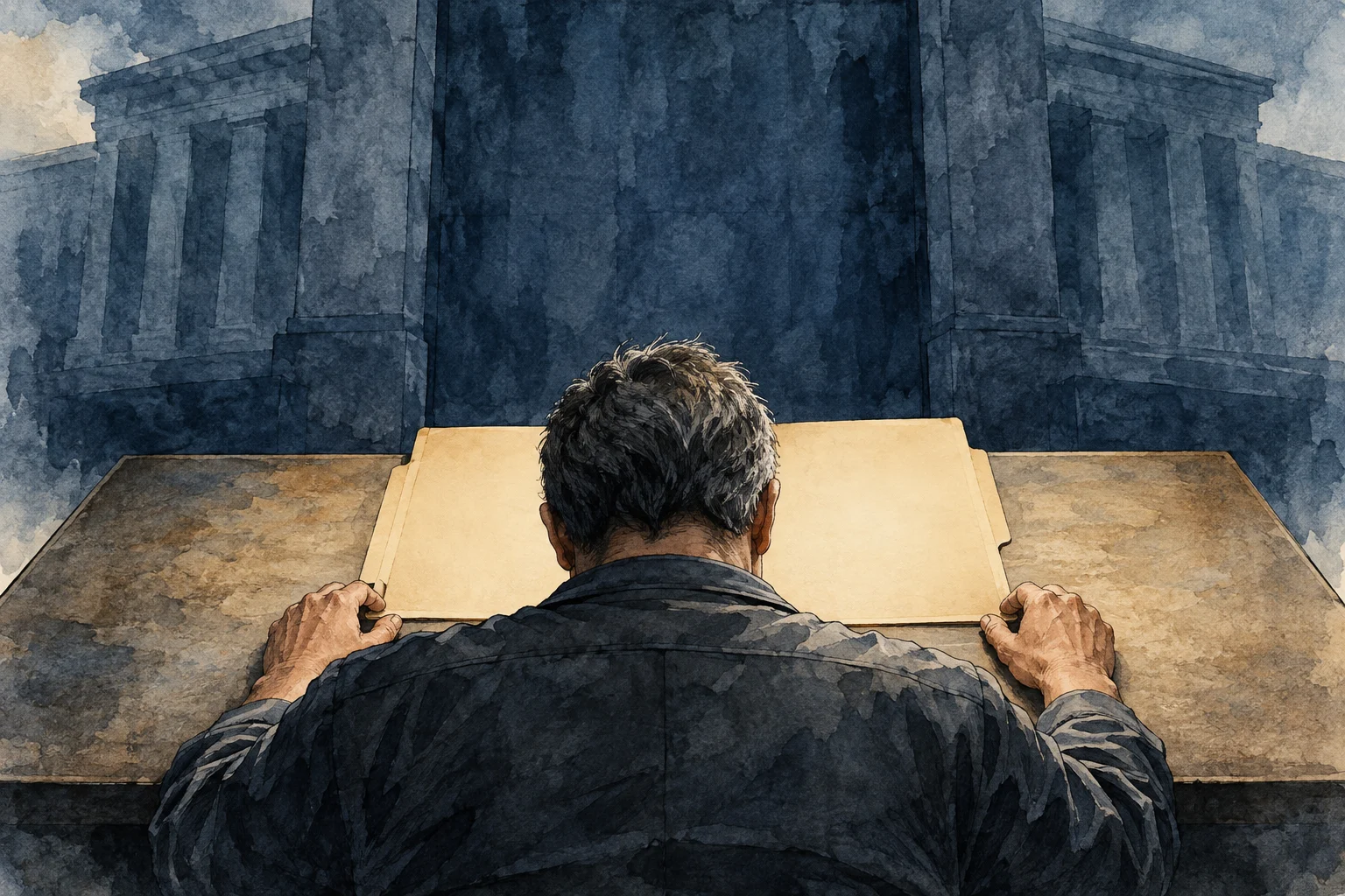 A watercolor illustration shows a man from behind, leaning over blank parchment on a stone table before a dark, imposing columned building.