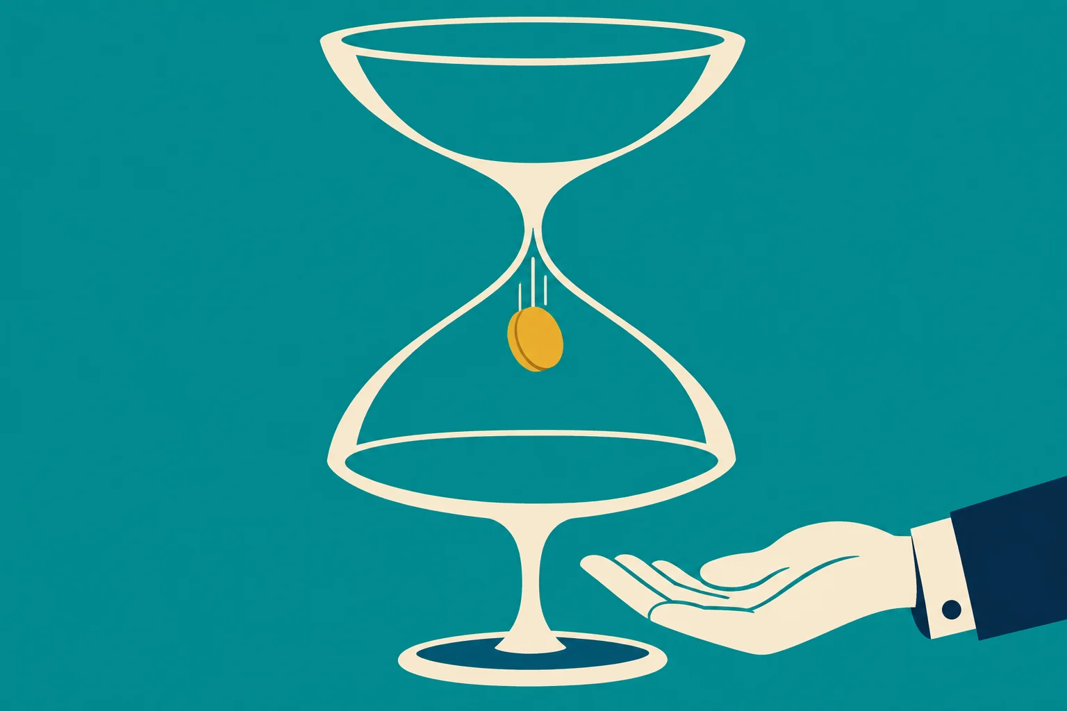 A cream hourglass on a teal background contains a falling gold coin, with an outstretched hand beneath it extending from a navy suit sleeve.