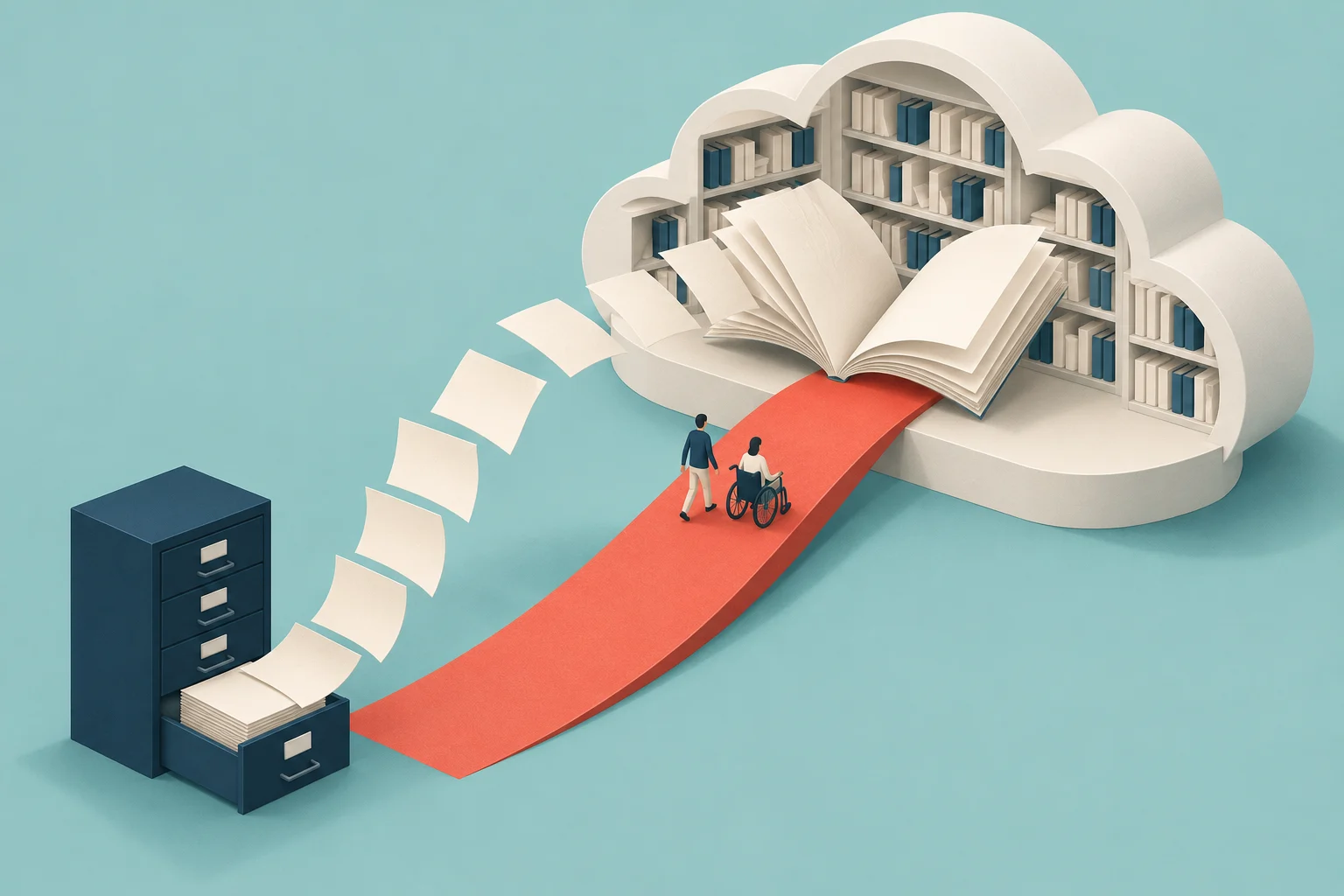Loose pages float from a filing cabinet toward an open book in a cloud-shaped library, while two people, including a wheelchair user, approach along a red ramp.