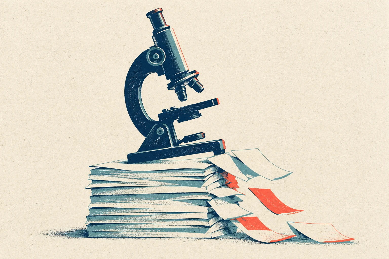 A vintage-style microscope sits on a tall stack of papers, with loose cream and red sheets spilling onto the surface.