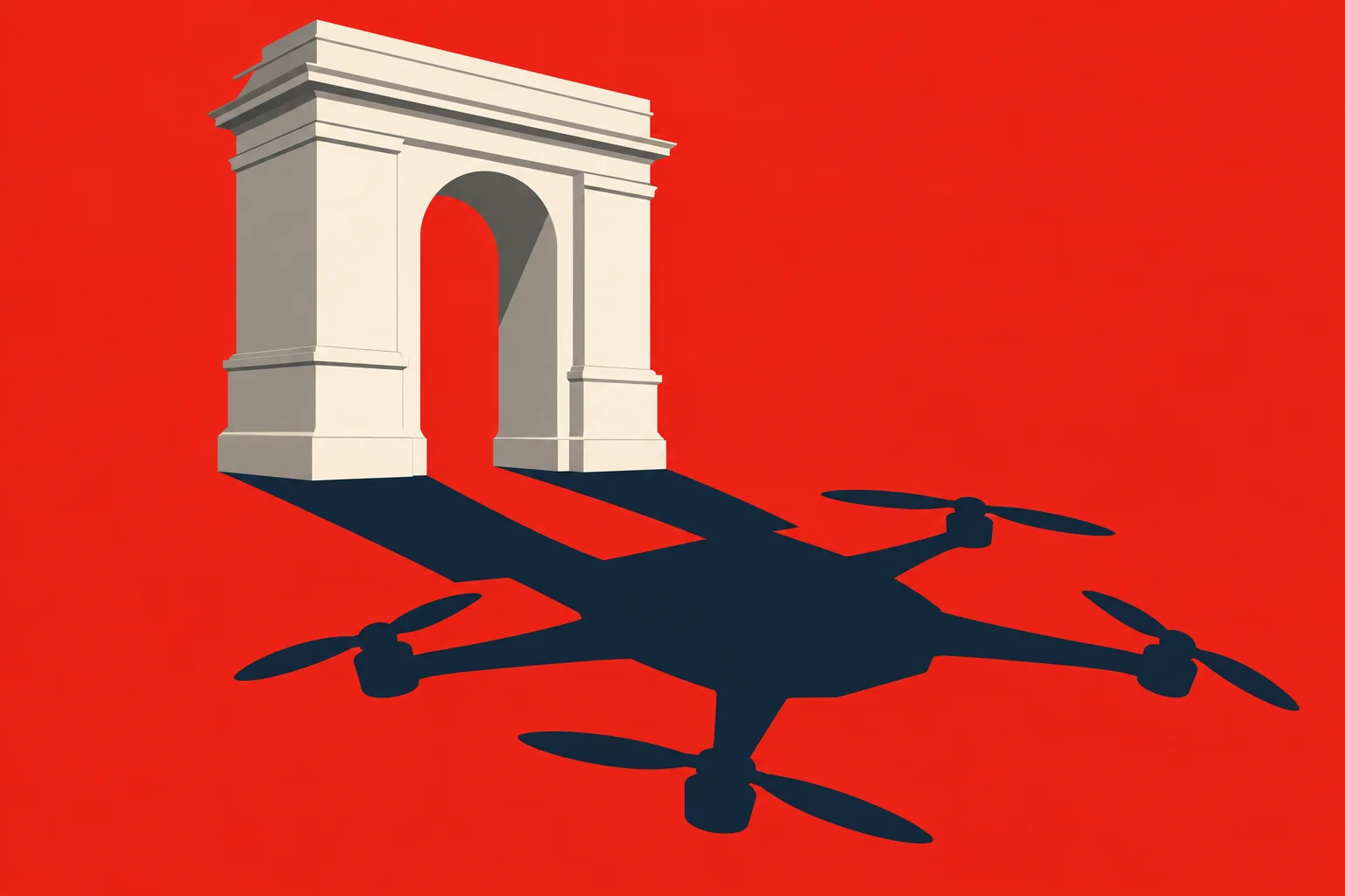 A pale stone triumphal arch stands against a bright red background, casting a dark shadow shaped like a four-propeller drone.