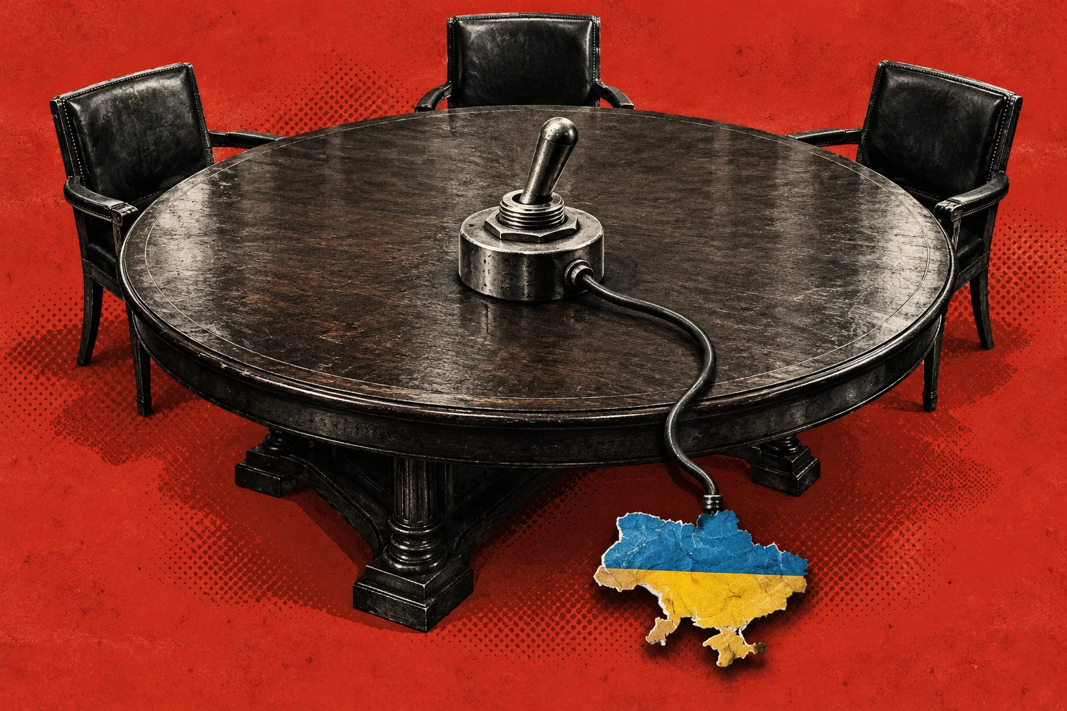 Three empty black chairs surround a dark round table with a wired metal toggle switch connected to a blue-and-yellow map of Ukraine against a textured red background.