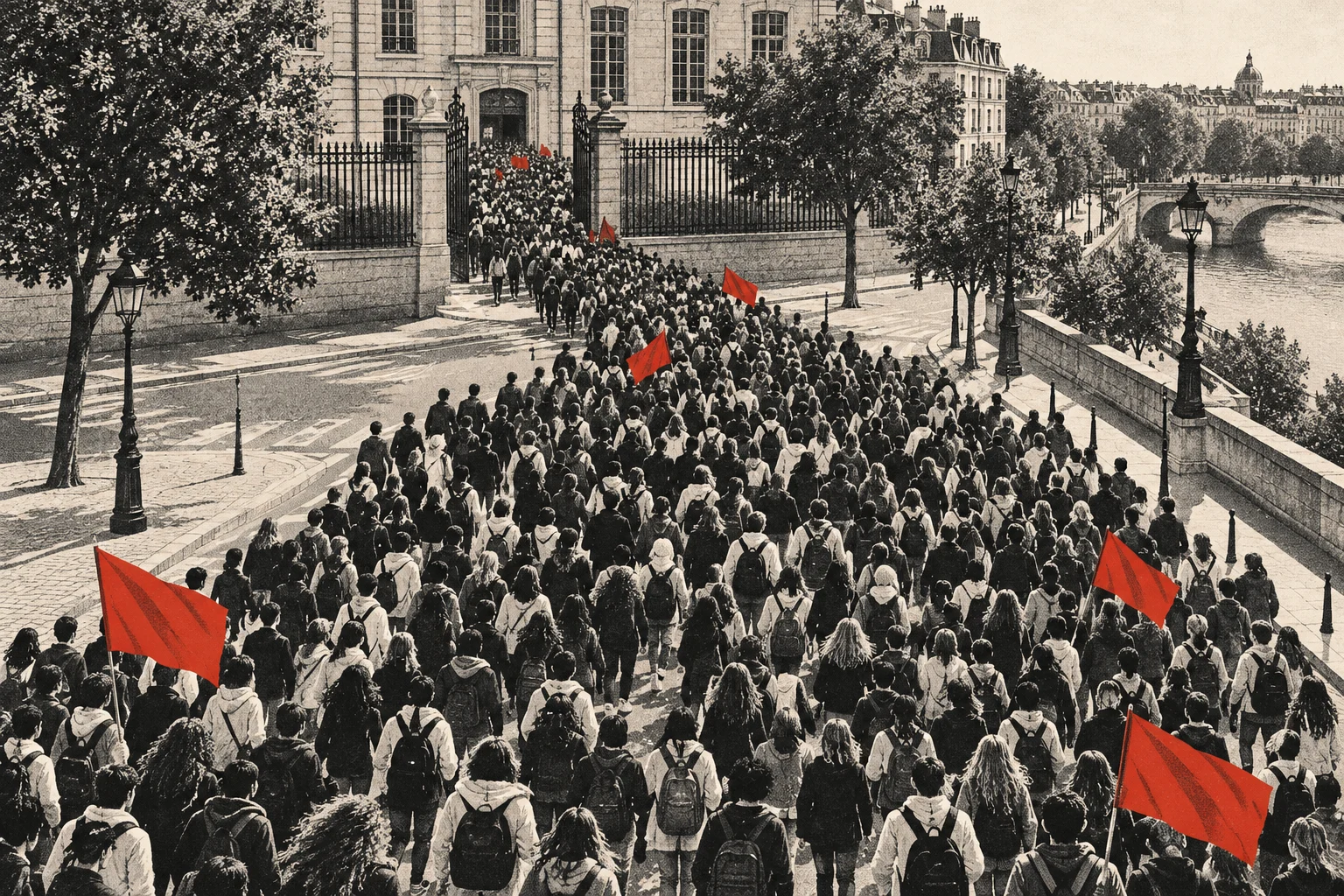 A dense crowd carrying red flags marches along a Paris riverside street toward a gated building in a grainy black-and-white scene.