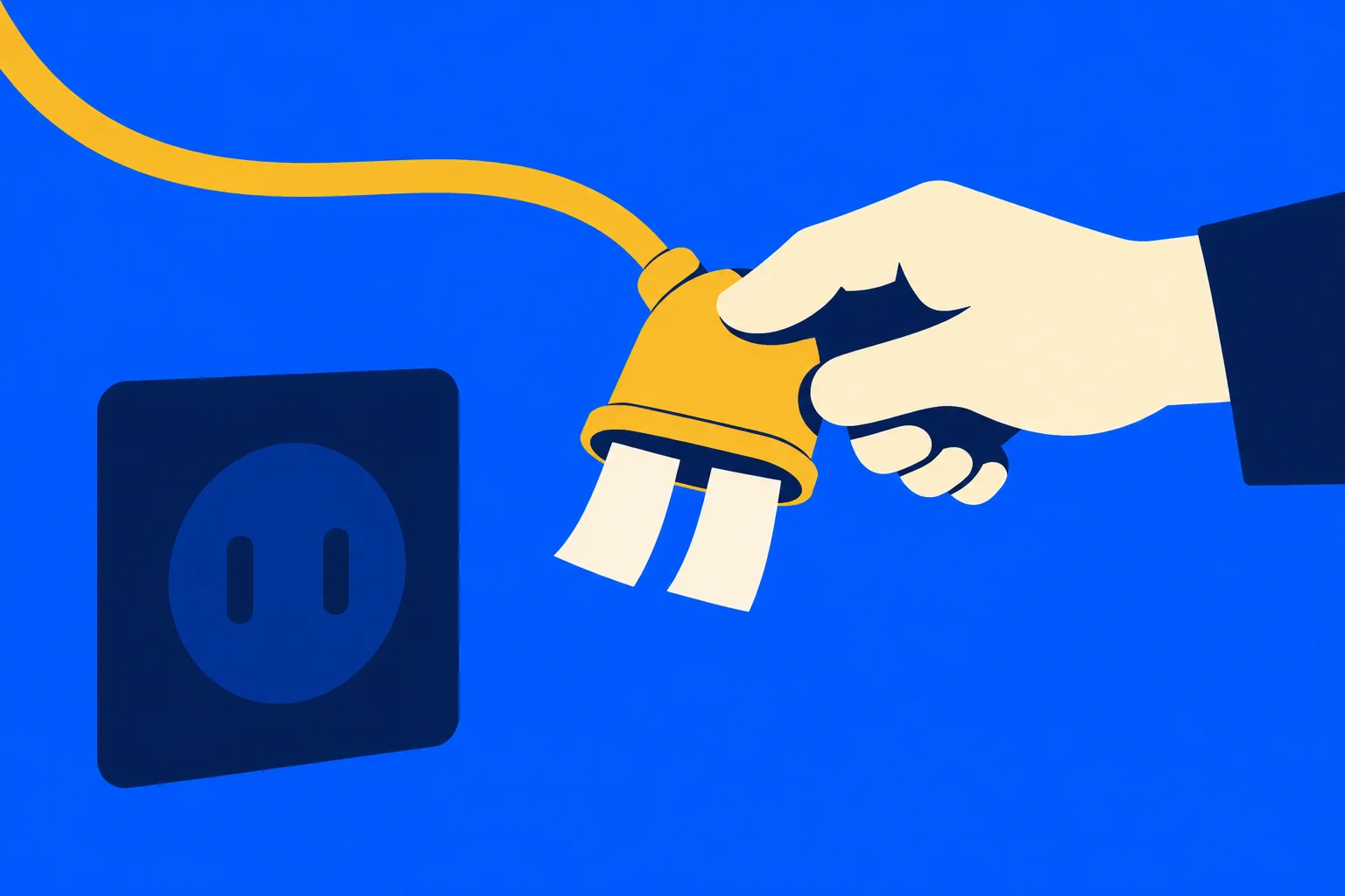 A hand holds a yellow electrical plug near a dark blue wall socket against a bright blue background.