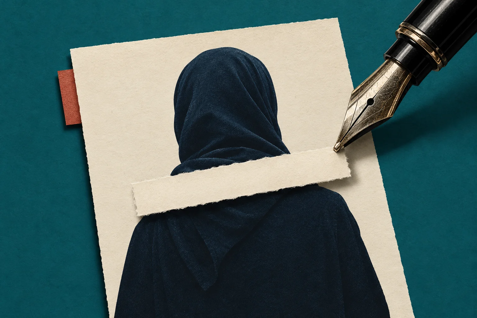 A faceless figure in a dark headscarf appears on cream paper, with a blank torn strip across it and a fountain pen against a teal background.