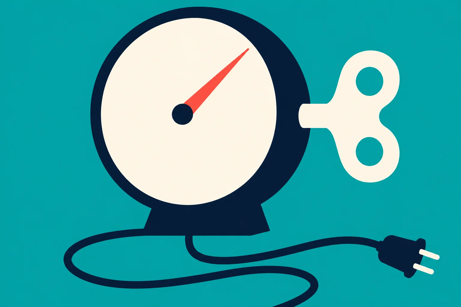 A stylized cream and navy clock with a red hand and wind-up key sits on a teal background, with a cord ending in an electrical plug.