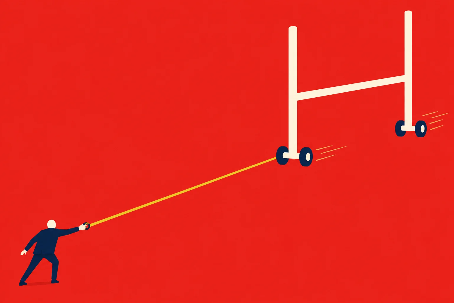 A suited person pulls a yellow rope attached to a wheeled rugby goalpost against a bright red background.