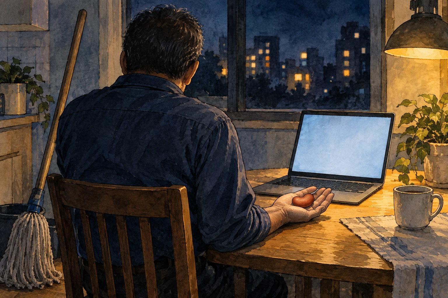 A man sits at a wooden table at night, holding a small red heart beside an open laptop, with a glowing lamp, plants, and mug nearby.