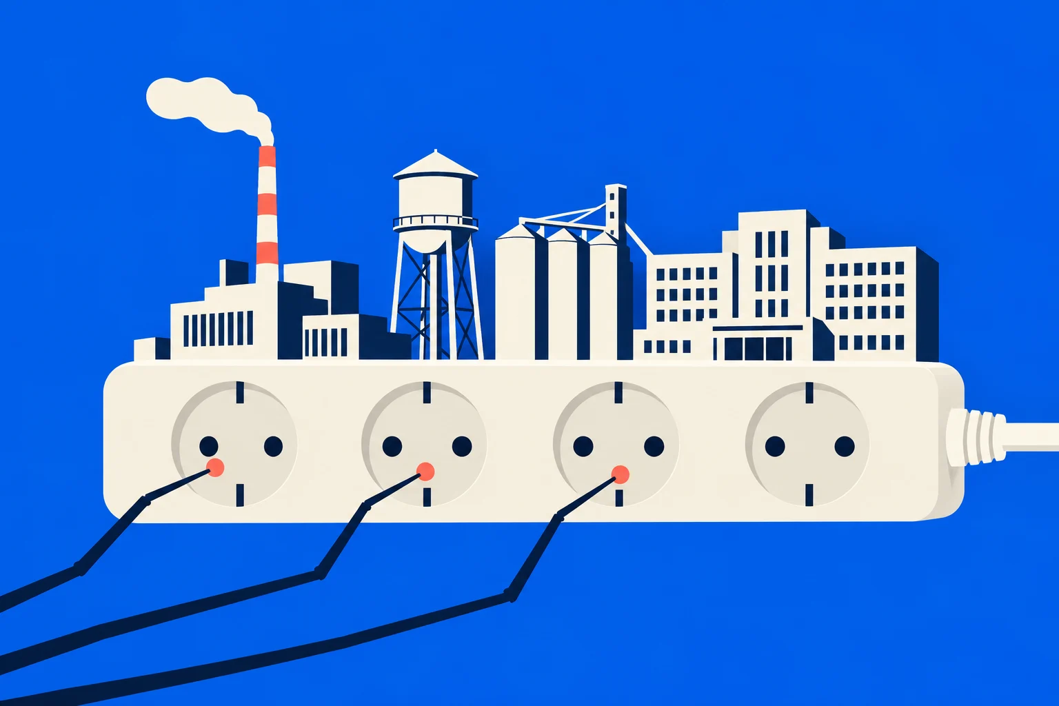 A factory complex sits atop a four-socket power strip, with three cables connected and smoke rising from a striped chimney against a blue background.