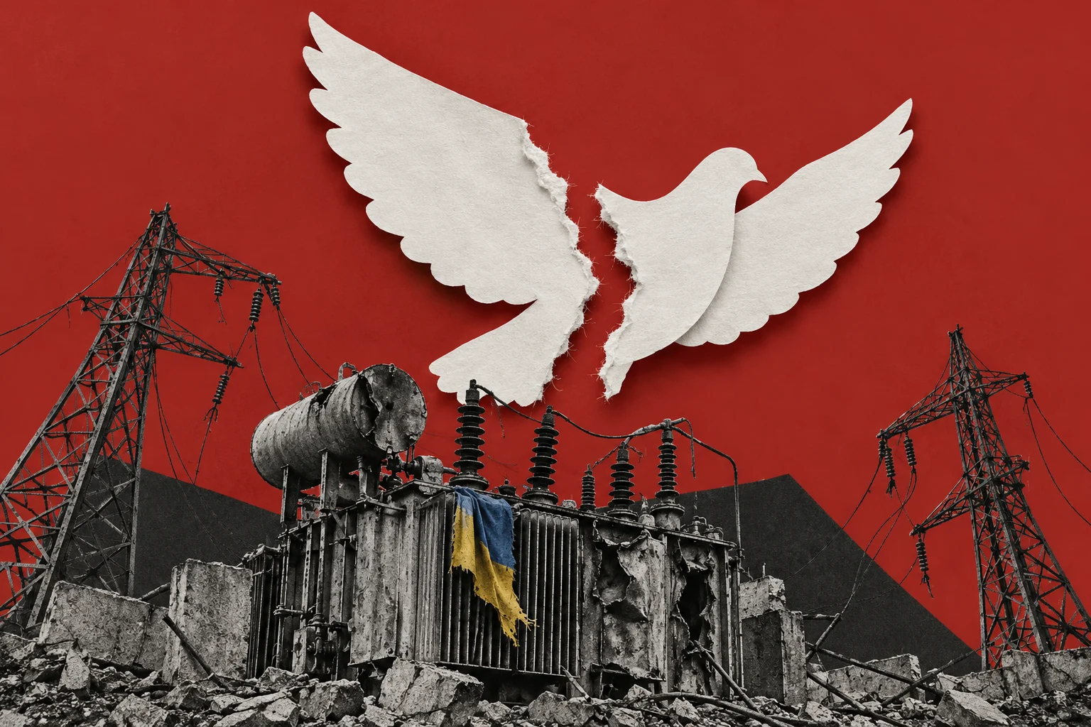 A torn white paper dove hangs against a red background above a destroyed electrical substation, rubble, and power pylons, with a Ukrainian flag draped over equipment.