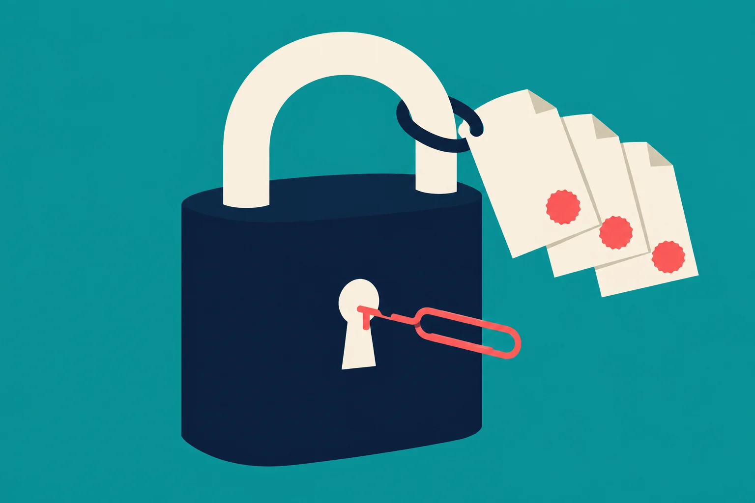 A navy padlock with a cream shackle holds three cream documents with red seals, while a red paperclip enters its keyhole against a teal background.