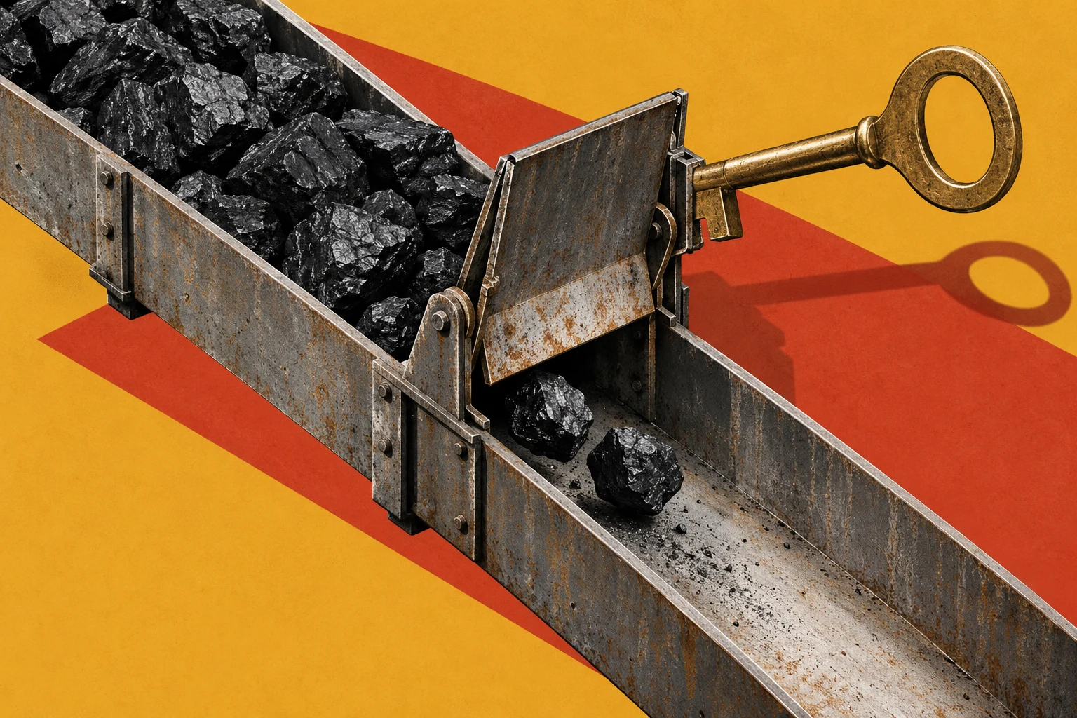 A large brass key operates a rusty gate in a metal chute, restricting a pile of coal to a few passing lumps against a yellow background.