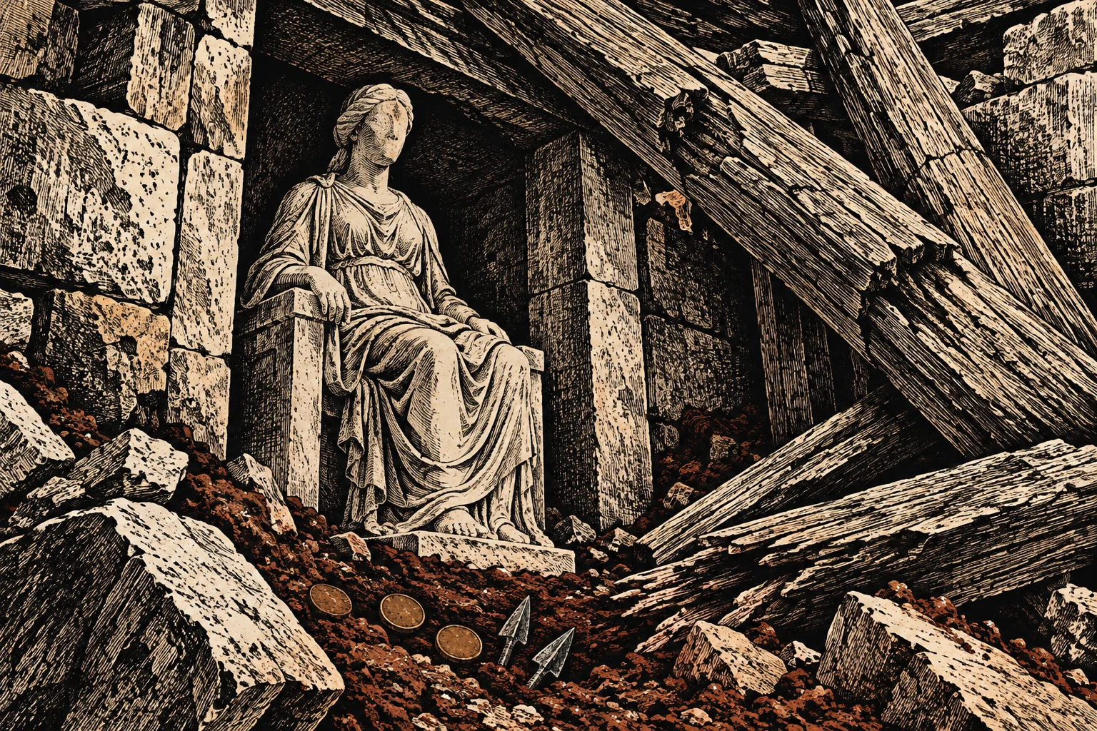 A seated stone statue of a robed woman stands among ruined masonry, fallen wooden beams, reddish rubble, three coins, and two arrowheads.