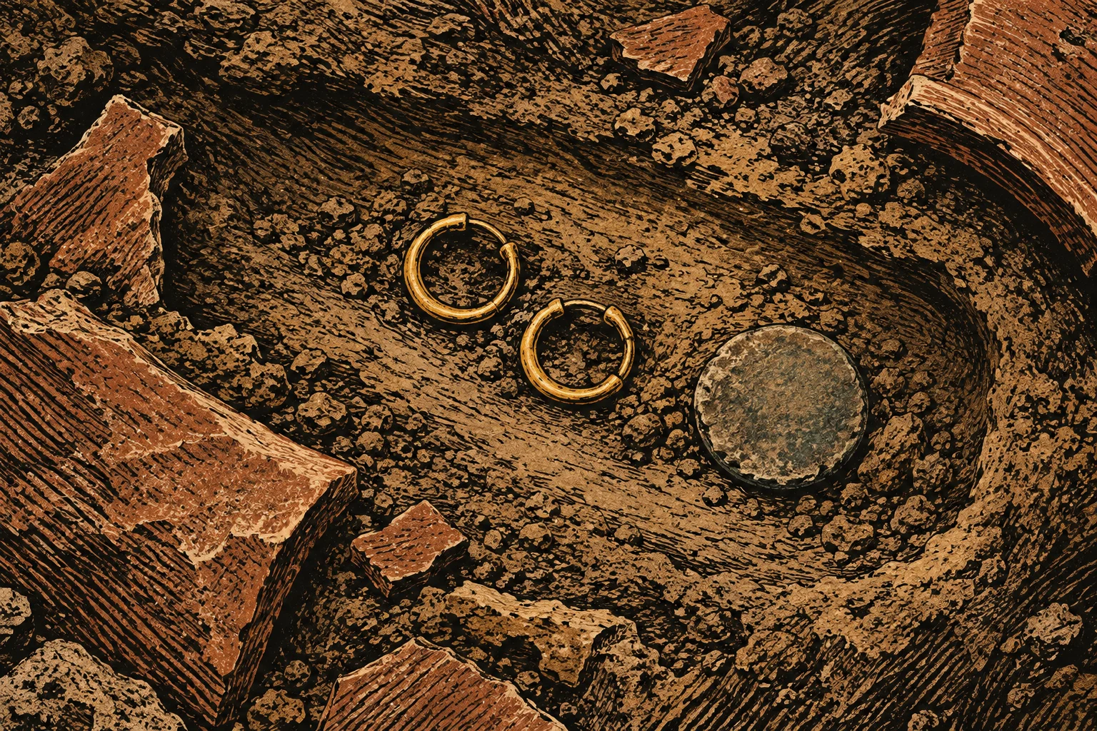 Two gold hoop earrings and a round, weathered coin lie in dark soil among broken reddish pottery shards.